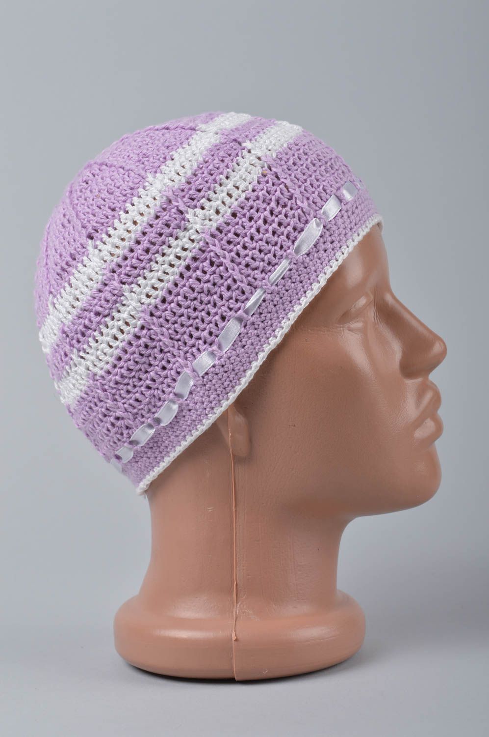 Bonnet fille fait main Bonnet tricot crochet coton violet fleurs Vêtement enfant photo 3