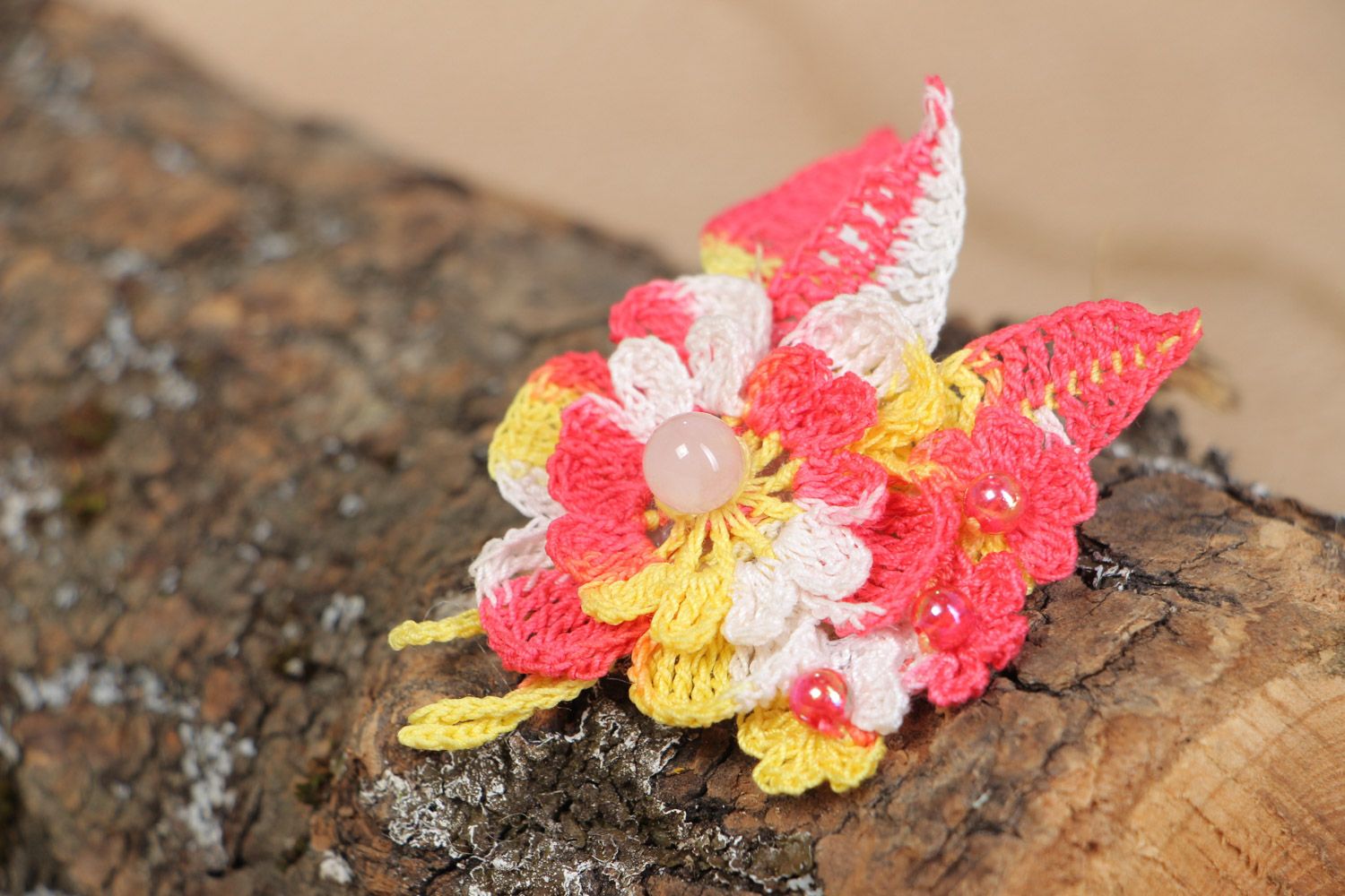 Bright handmade crochet flower brooch with beads photo 1
