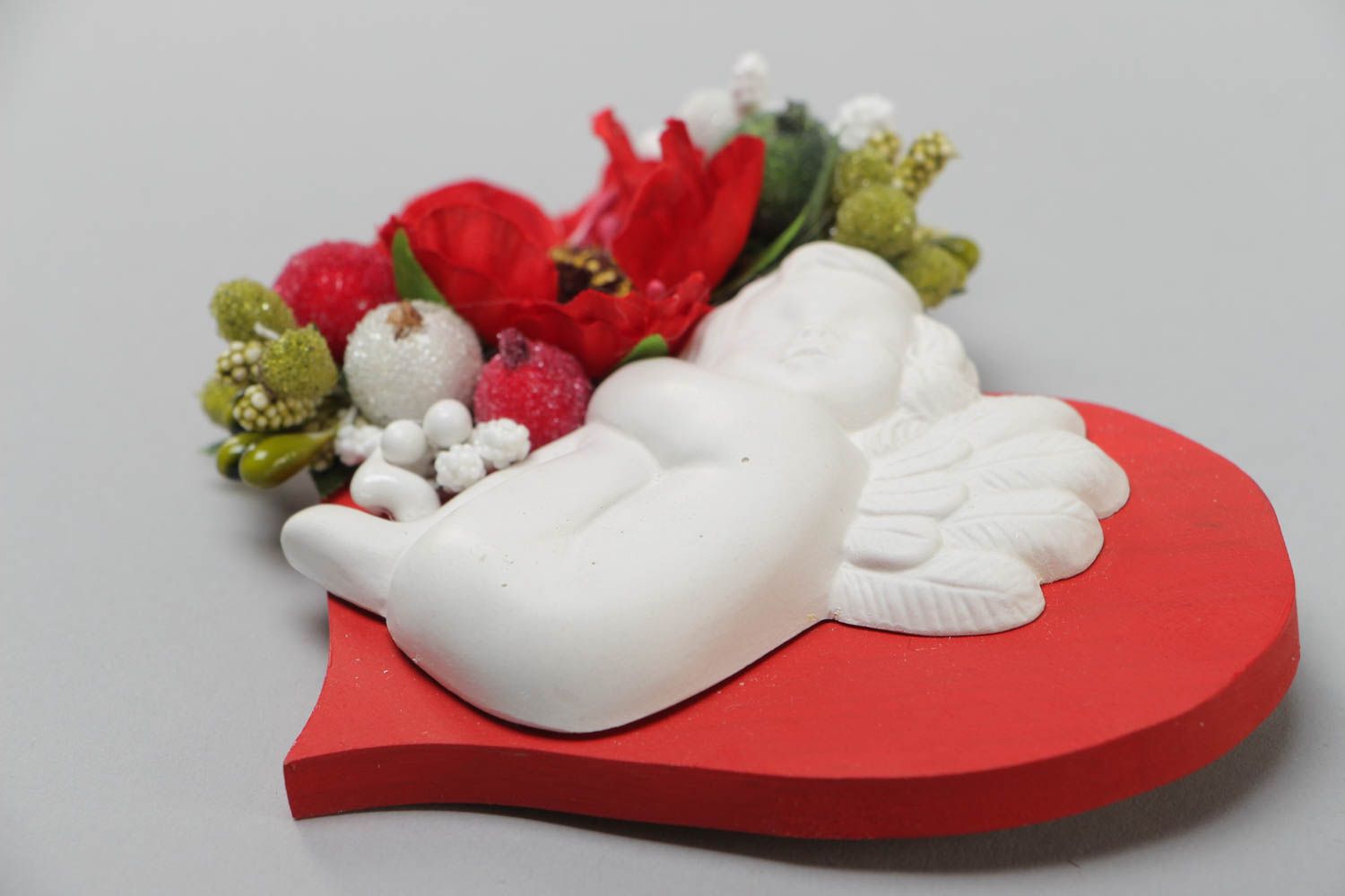 Beautiful romantic handmade wood and plaster fridge magnet in the shape of red heart and angel photo 3