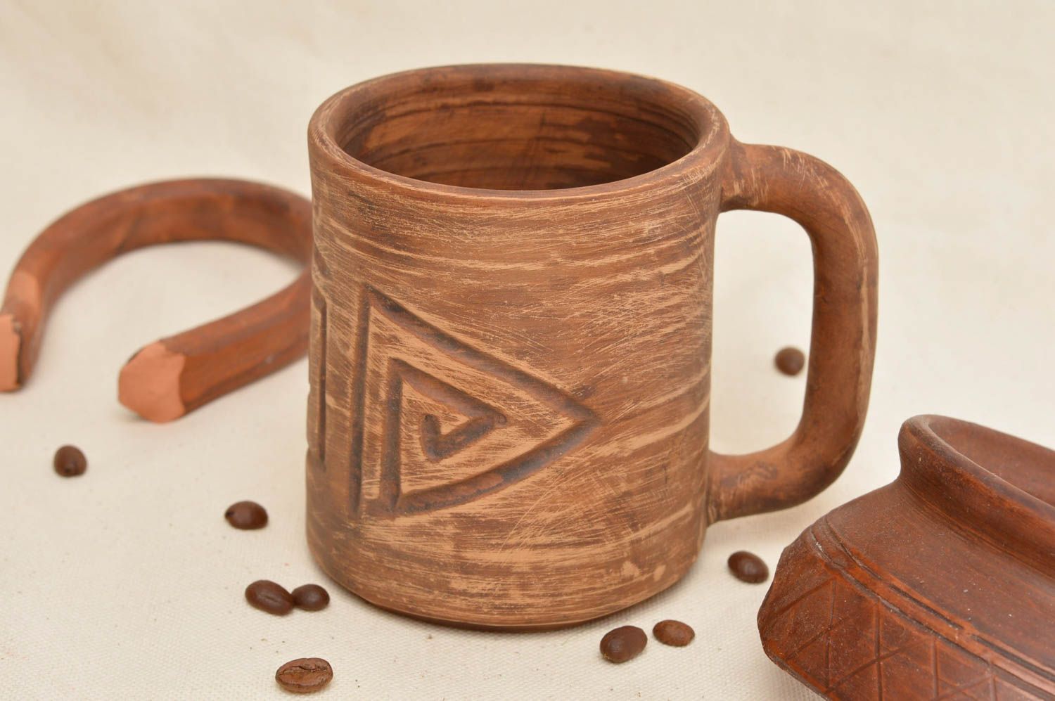 Ceramic coffee mug with Greek ornament in brown color 0,54 lb photo 1
