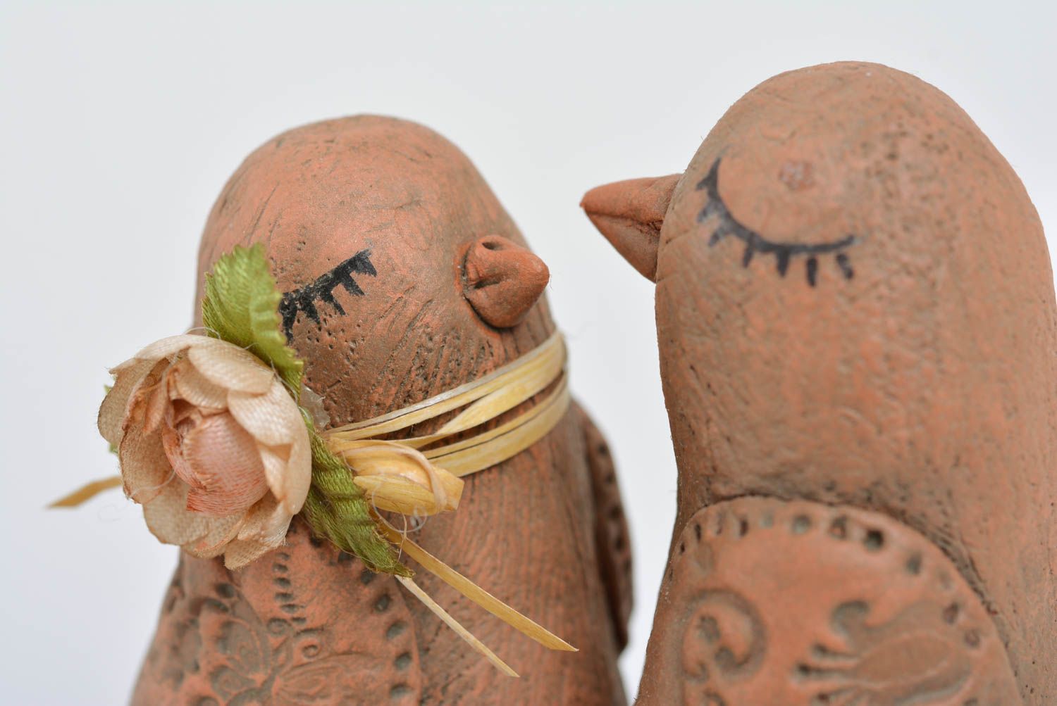 Handmade designer brown paper clay miniature figurine two birds on stand photo 2