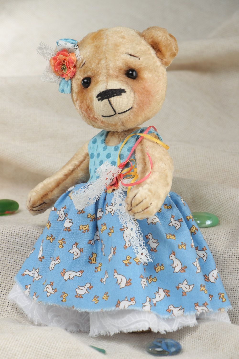 Handmade light plush soft toy bear in blue sun dress for children photo 1