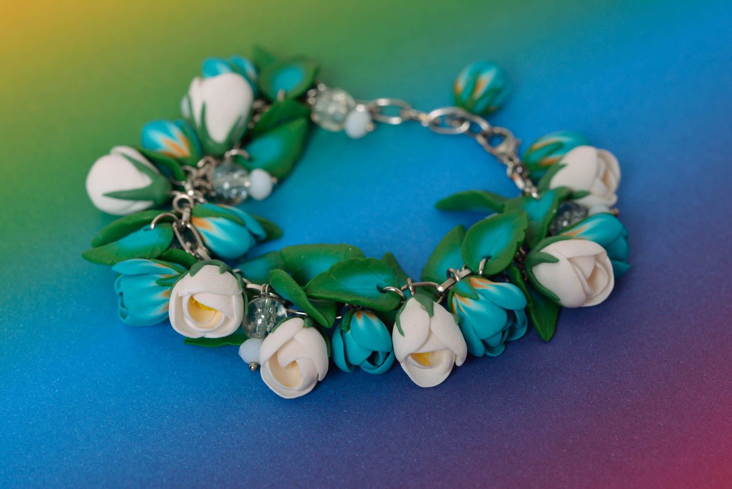 Women's handmade gentle polymer clay flower bracelet with charms photo 2