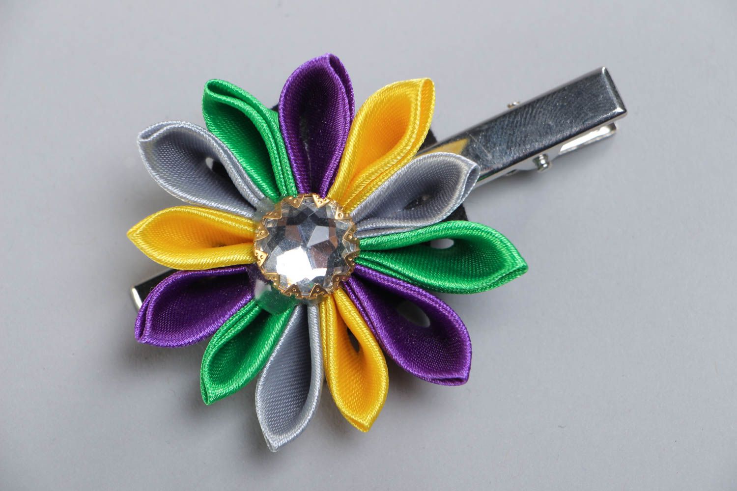 Handmade hair clip with colorful satin ribbon kanzashi flower with rhinestone photo 2
