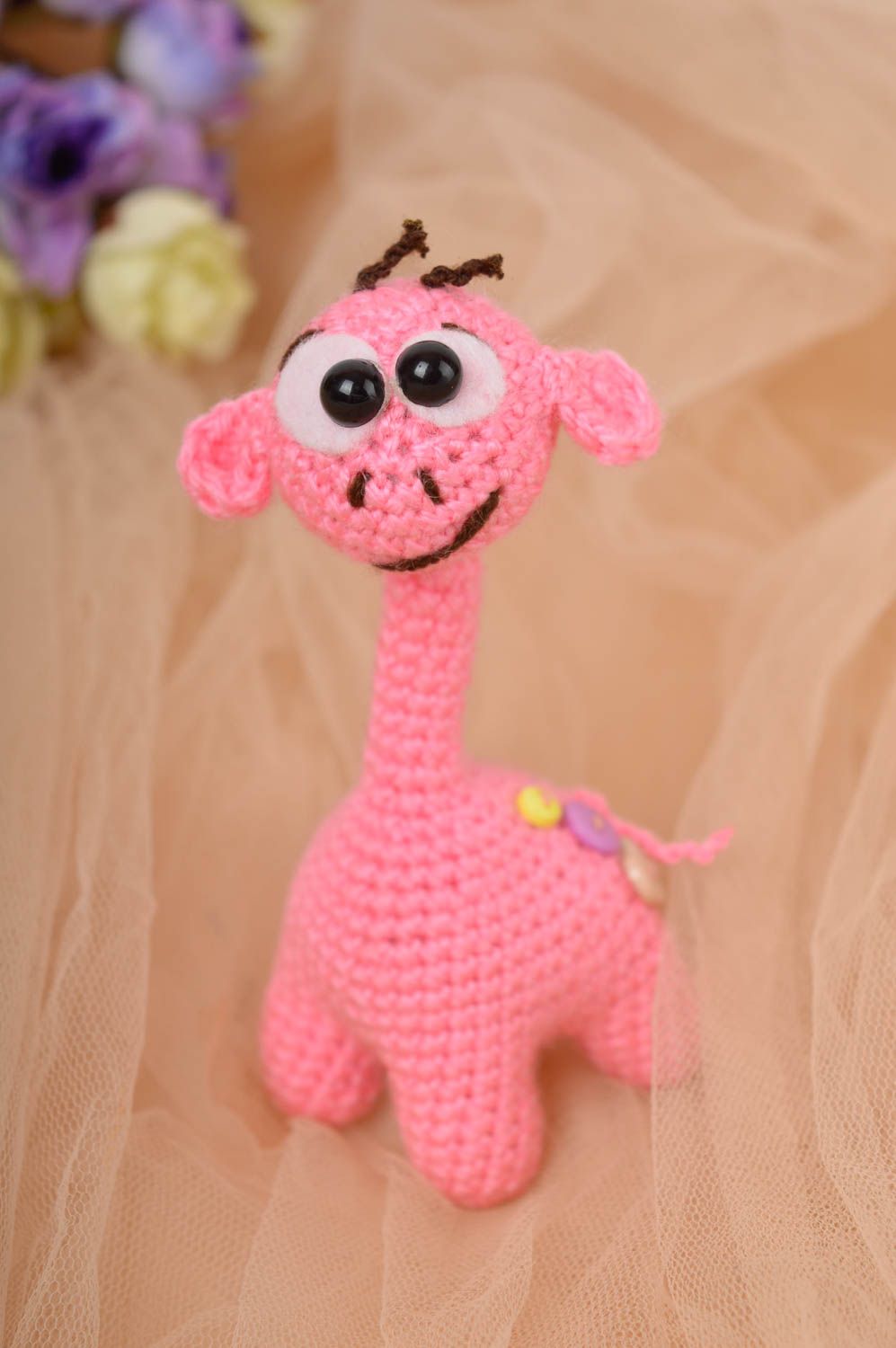 Knitted stuffed pink giraffe. 5 inches tall. A little gift for a baby girl photo 1