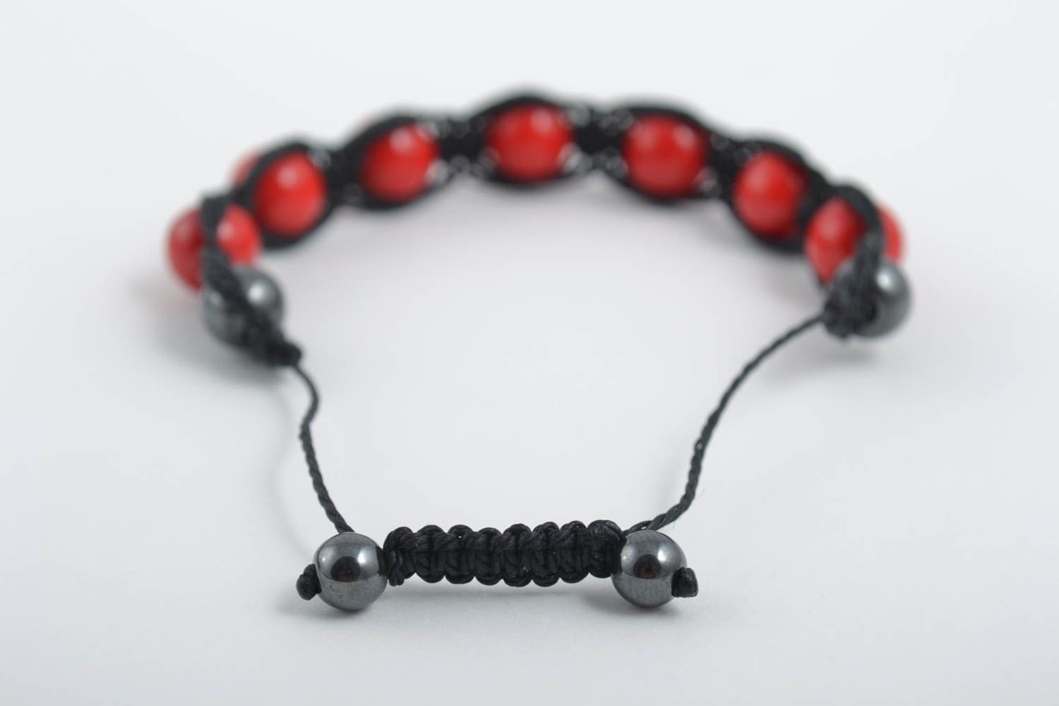 Strand large red beads handmade Shambala bracelet in black cord for women photo 3
