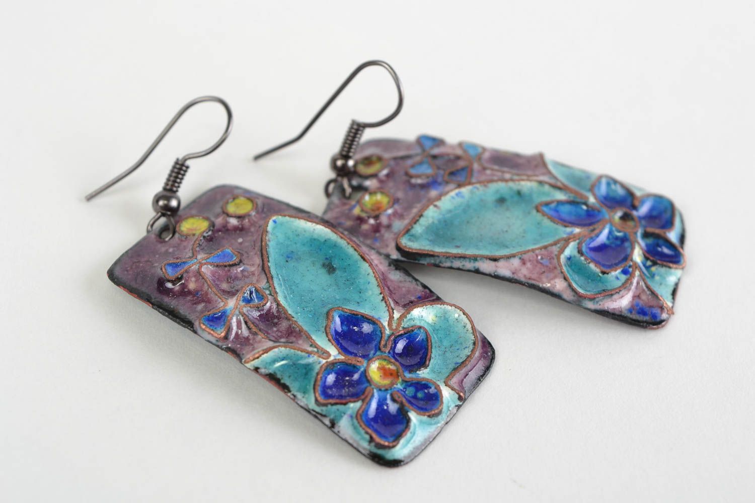Handmade rectangular dangling copper earrings with enamel painting Blue flowers  photo 3