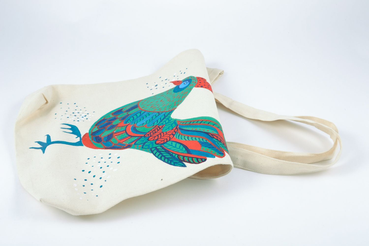 Текстильная сумка из конопляной ткани с нарисованным петухом фото 4