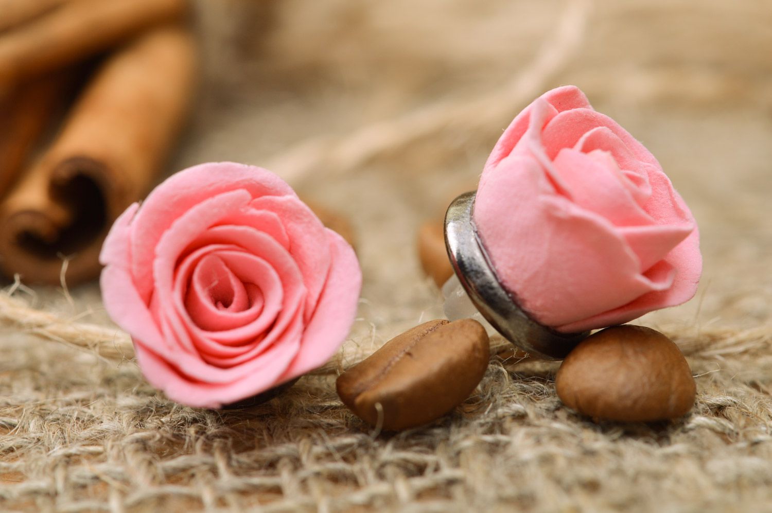 Handmade plastic flower stud earrings in the shape of pink roses photo 1