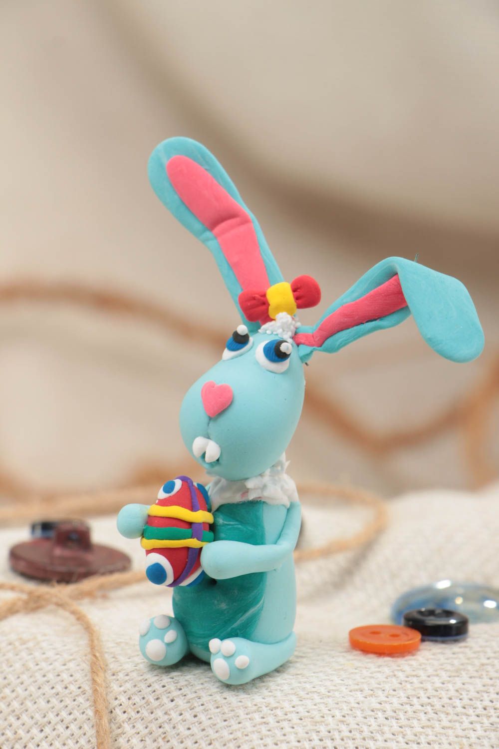 Beautiful funny handmade polymer clay figurine of blue rabbit home decor photo 1