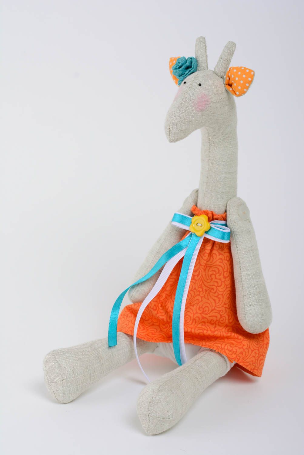 Unusual nice handmade soft toy sewn of linen and cotton fabrics Giraffe photo 1