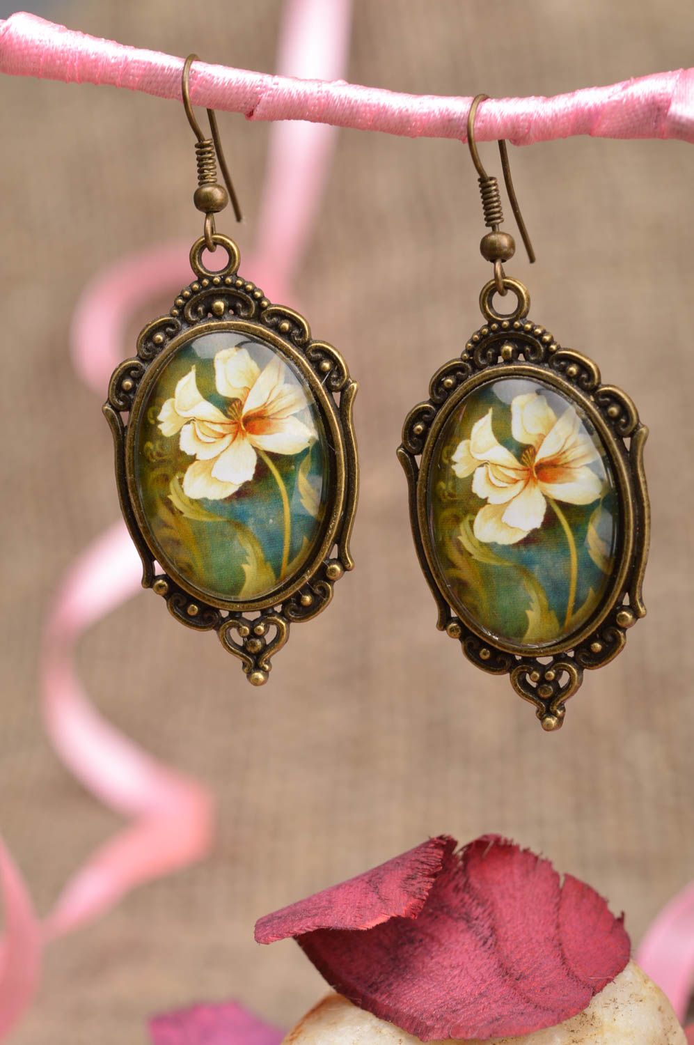 Oval metal designer cute handmade earrings in vintage style with cabochon photo 1