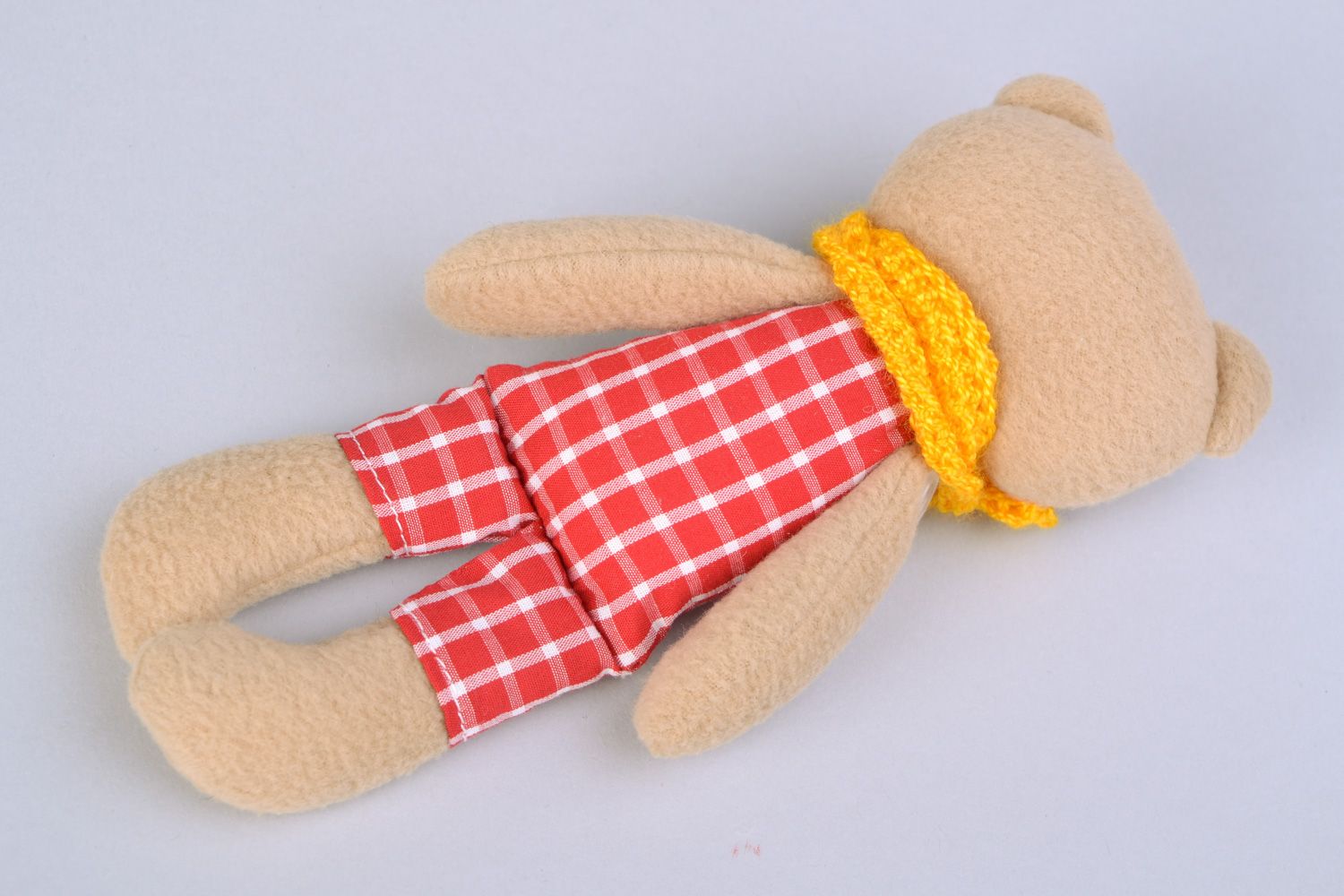 Handmade designer soft toy sewn of fleece Bear in checkered suit with yellow scarf photo 4