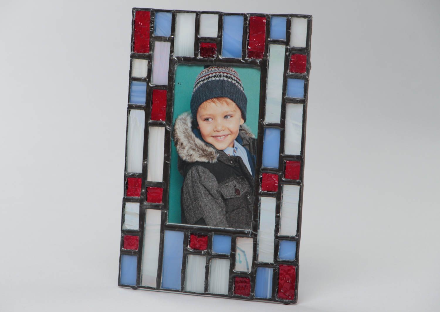 Blue and red handmade designer colorful stained glass photo frame photo 2