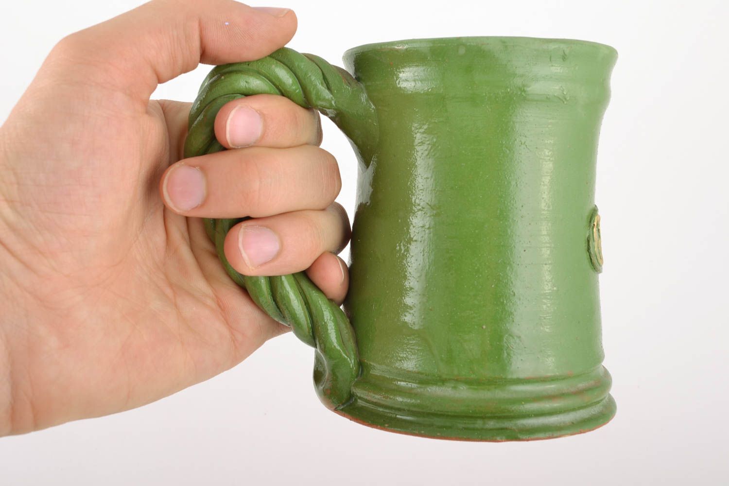 Grande tasse céramique verte faite main 1 L originale design pour bière ou thé photo 2