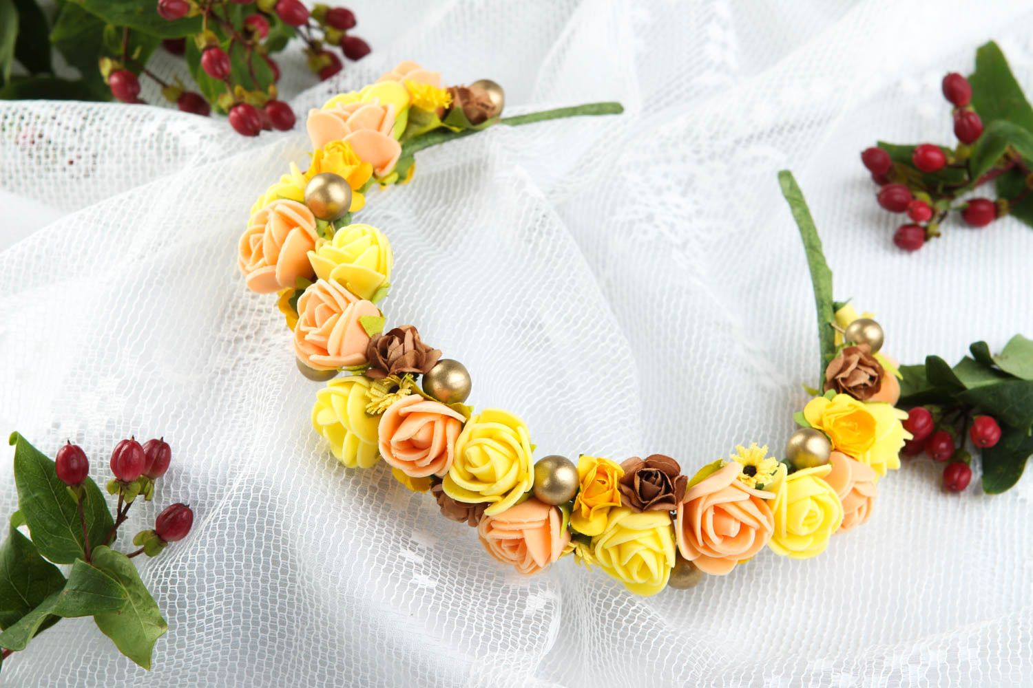 Handmade Frisur Haarreif Damen Modeschmuck Haar Accessoire mit Blumen gelb rosa foto 1