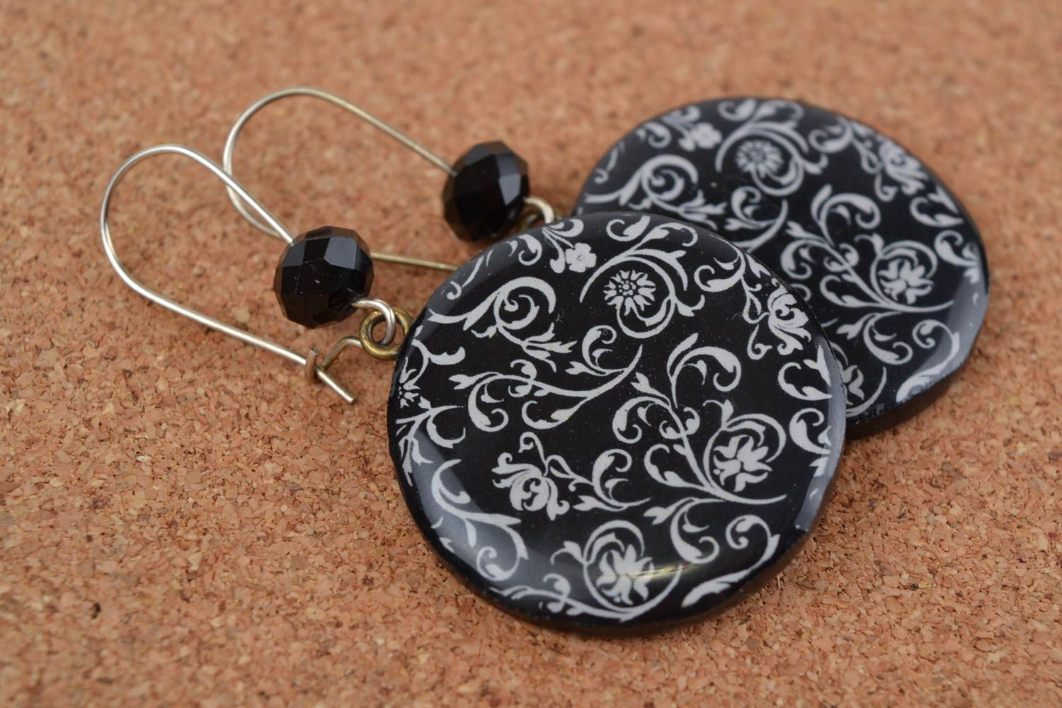 Stylish large handmade polymer clay round earrings black and white photo 1