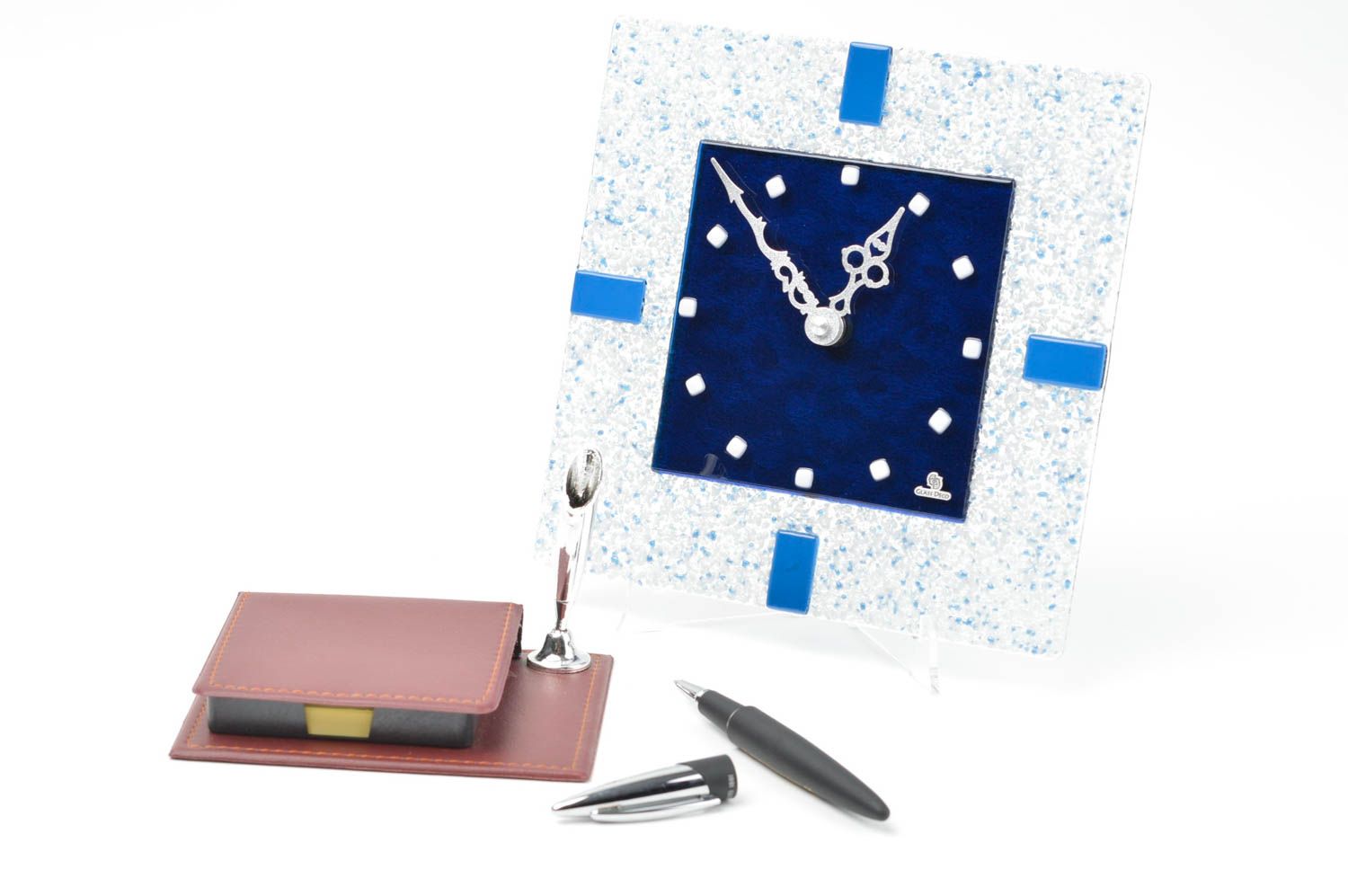 Horloge murale fait main Horloge déco carrée bleu blanc verre Accessoire maison photo 1