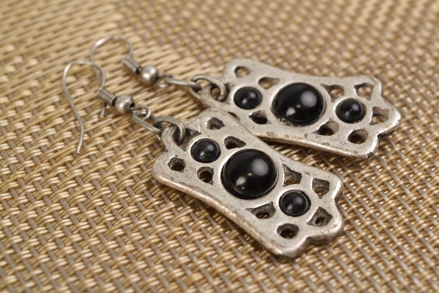 Metal earrings with black beads photo 1