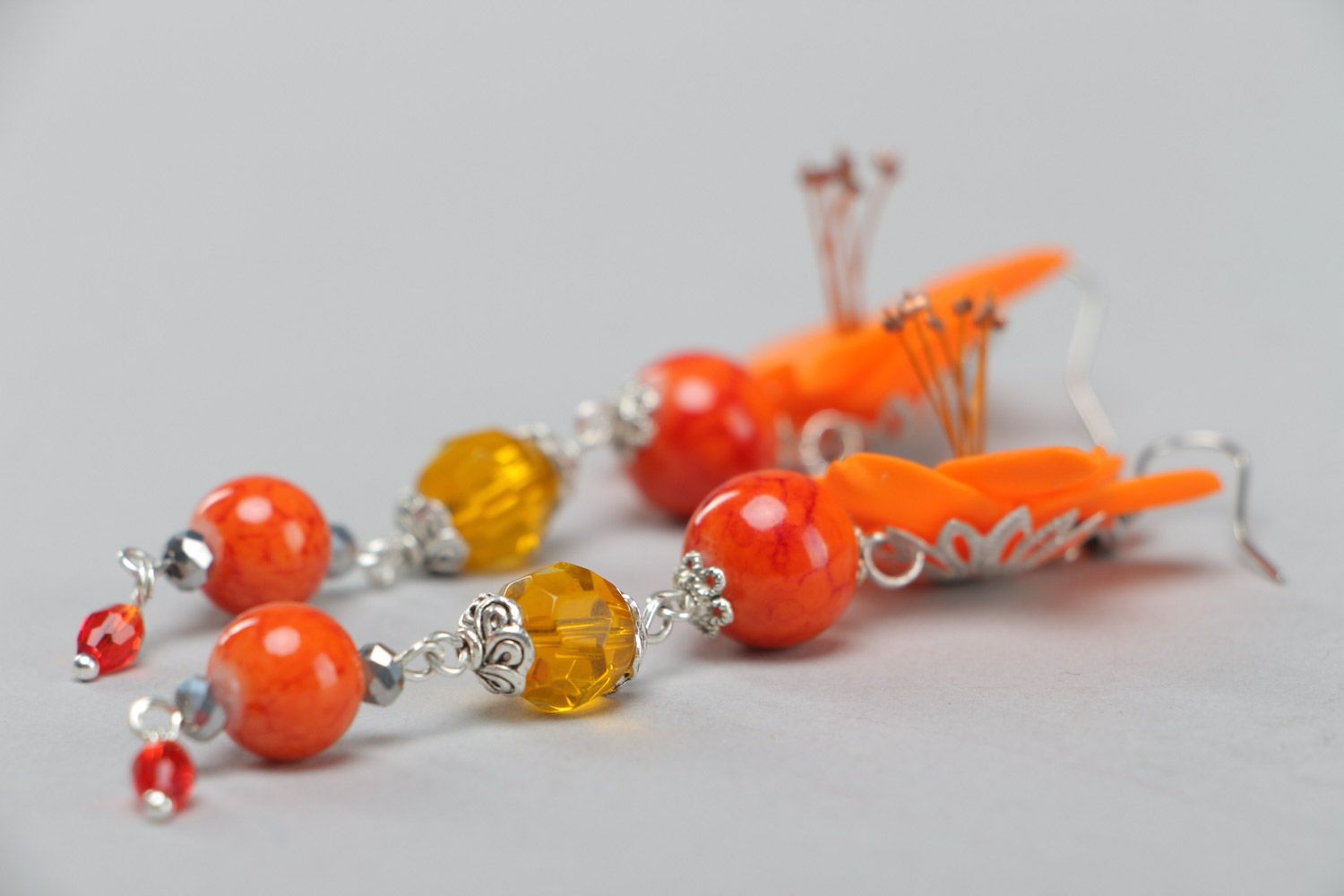 Handmade designer orange long earrings made of polymer clay present for girl photo 4