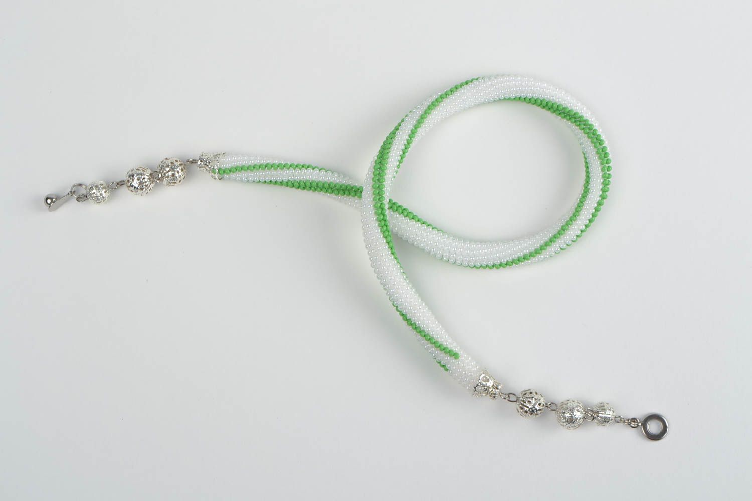 Handmade designer laconic woven beaded cord necklace white and green photo 3