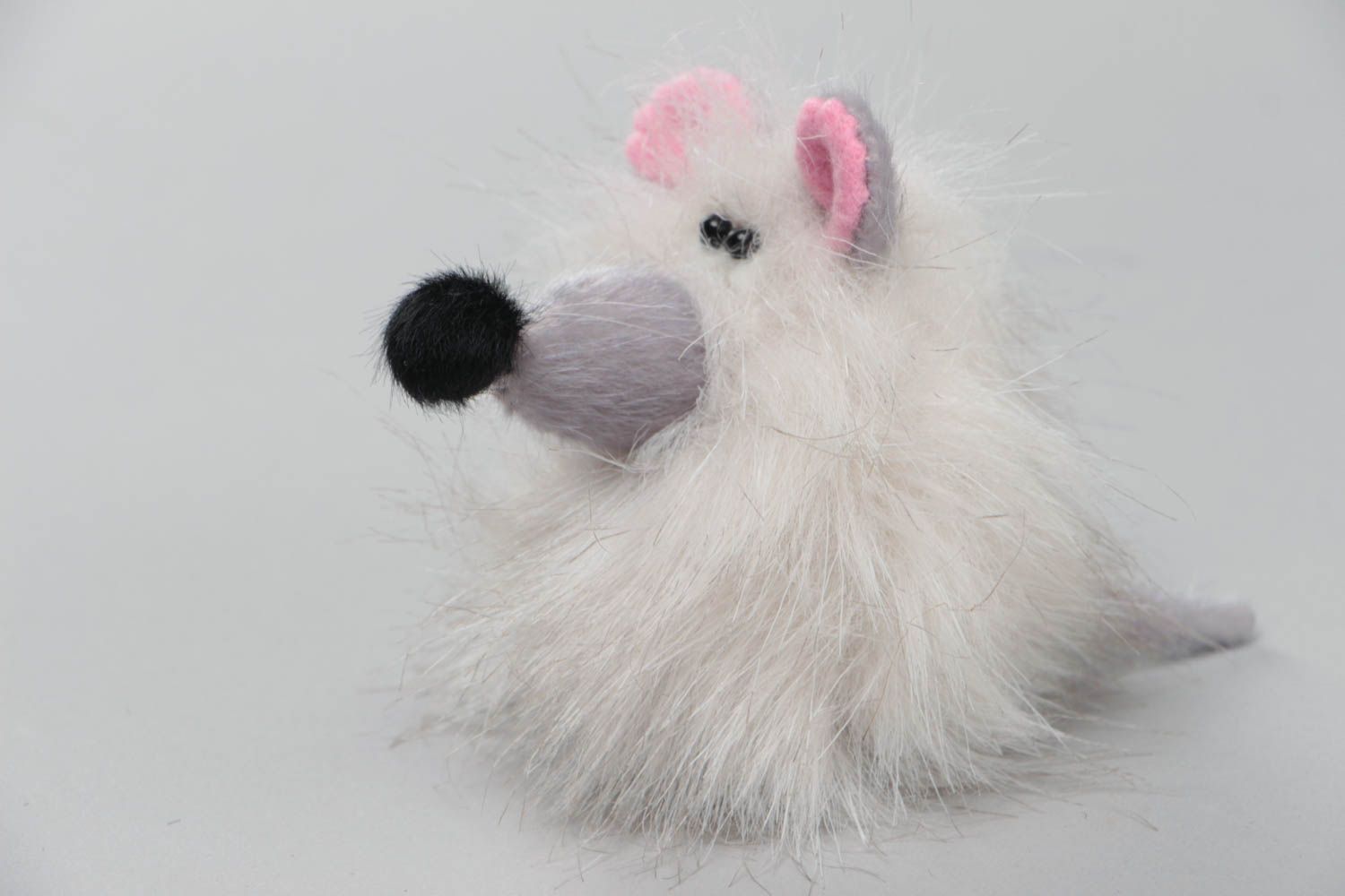Beautiful tiny handmade gray fur fabric puppet toy in the shape of mouse photo 2