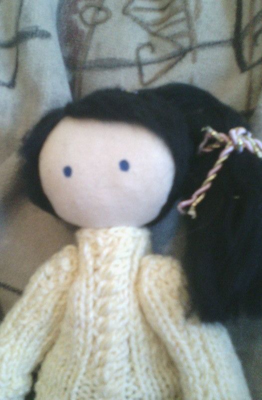 Handmade soft toy brunette doll in knitted sweater and denim skirt photo 3