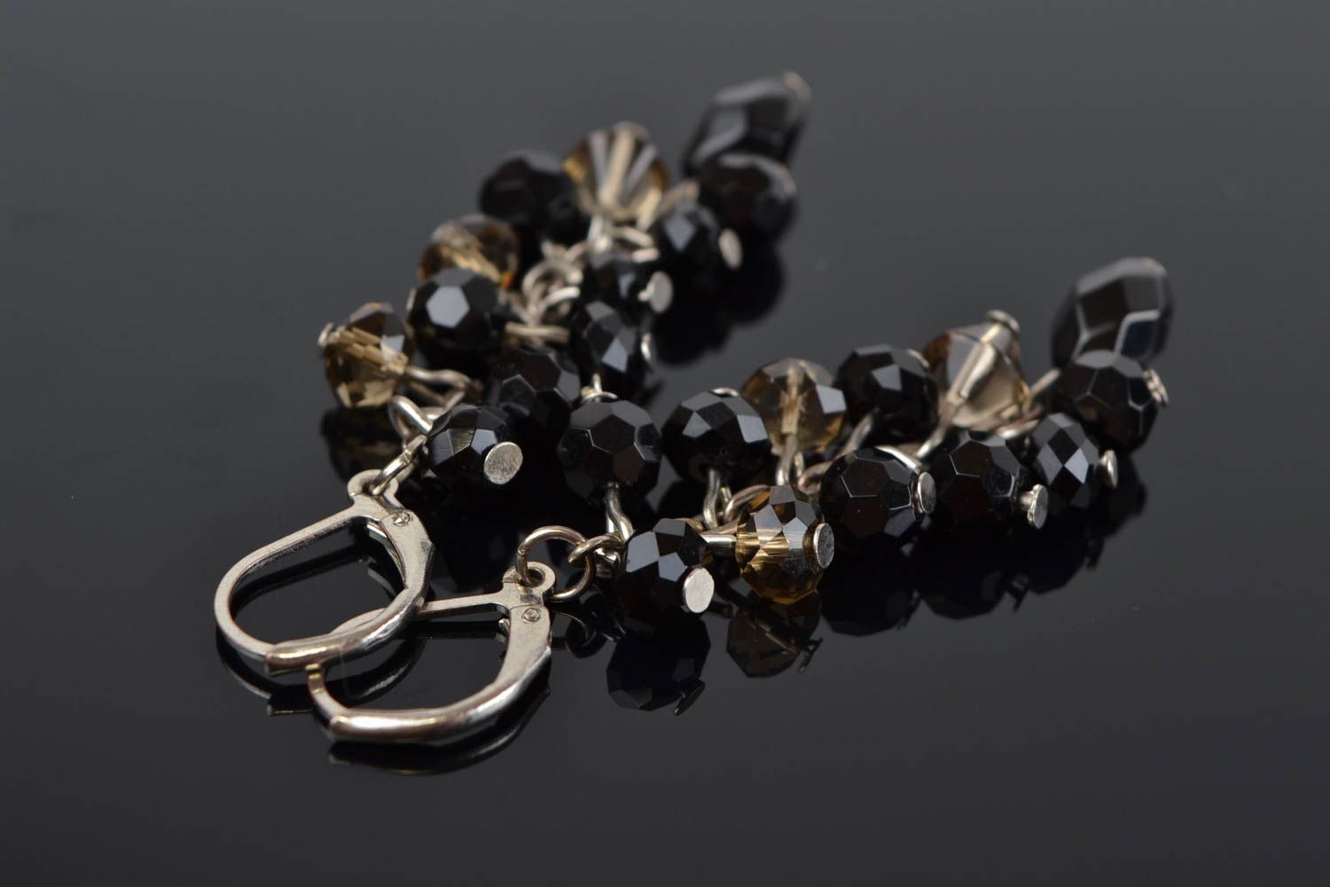 Beautiful long black stylish handmade earrings made of Czech glass photo 1