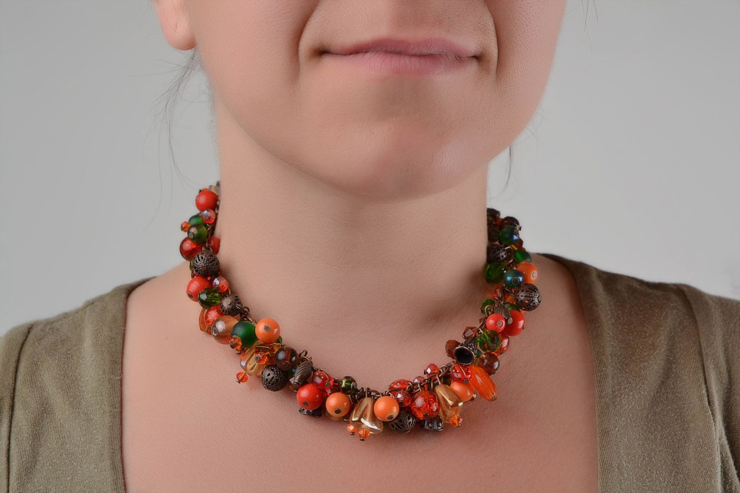 Handmade designer necklace with colorful glass beads in autumn color palette photo 2