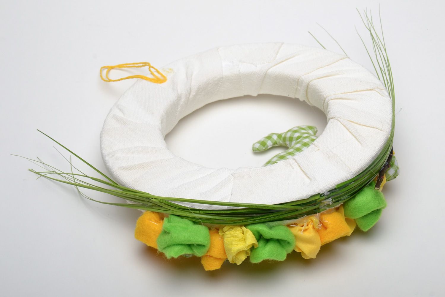 Handmade festive Easter door wreath made of fabric for decoration of interior photo 4