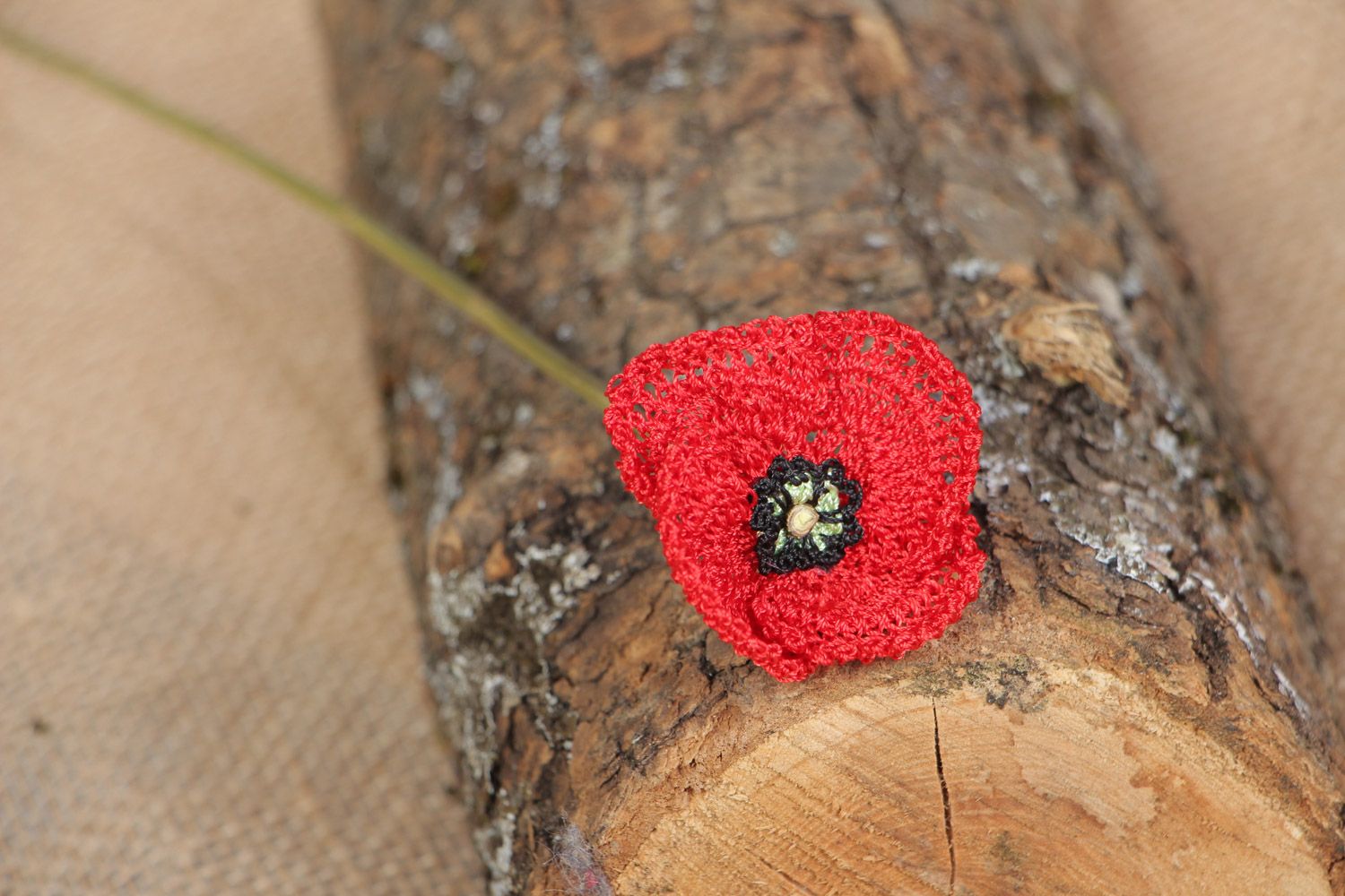 Handmade beautiful crochet flower red poppy for home interior photo 1