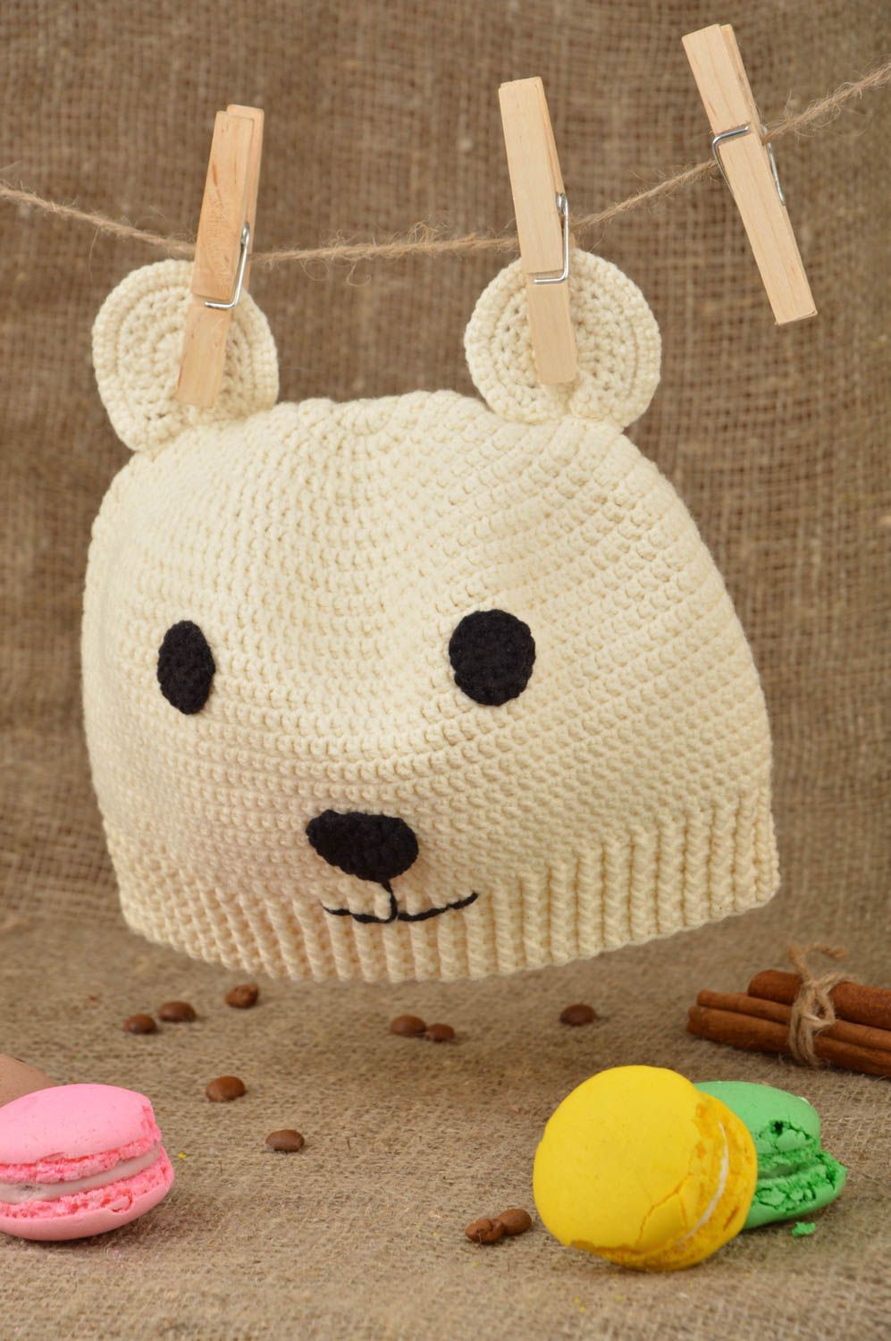 Bonnet ours blanc pour enfant fait main tricoté en coton au crochet chaud photo 1