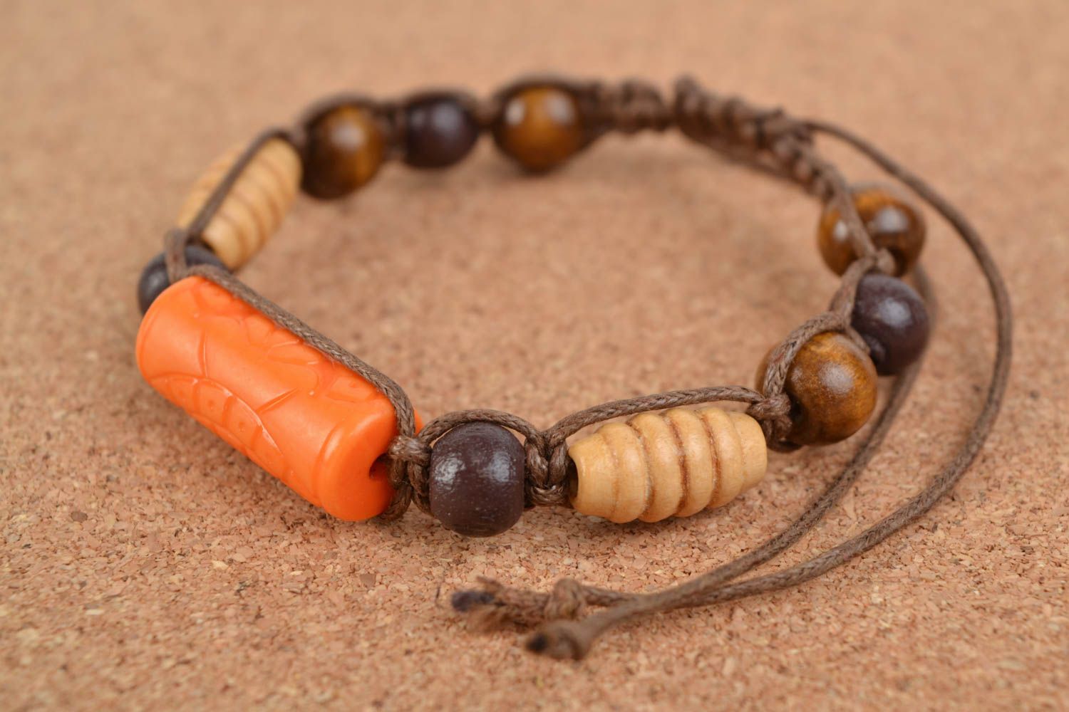 Handmade bracelet made of cotton cords with large wood beads braided accessory photo 2