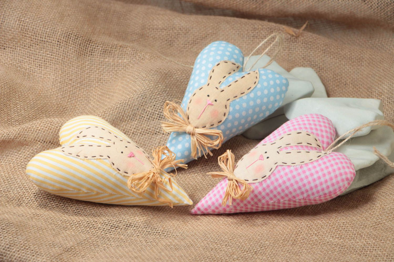 Set of 3 small handmade colorful soft interior hanging hearts photo 1