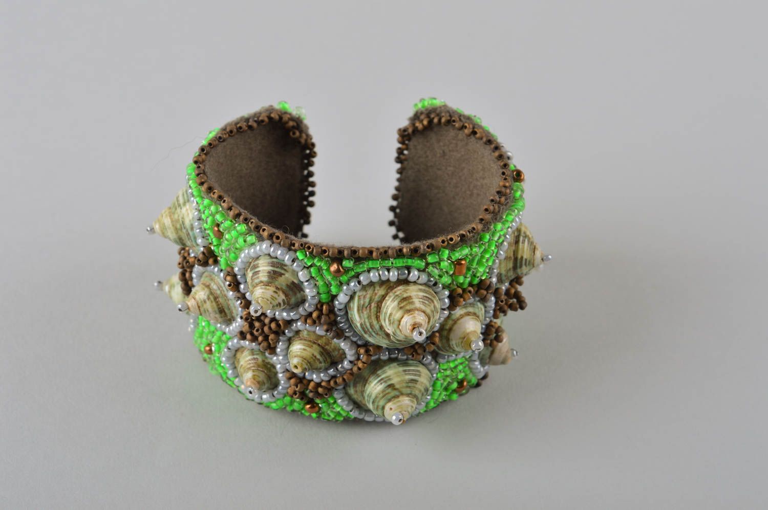 Cuff handmade beaded bracelet costume jewelry in light green and golden colors for women photo 2
