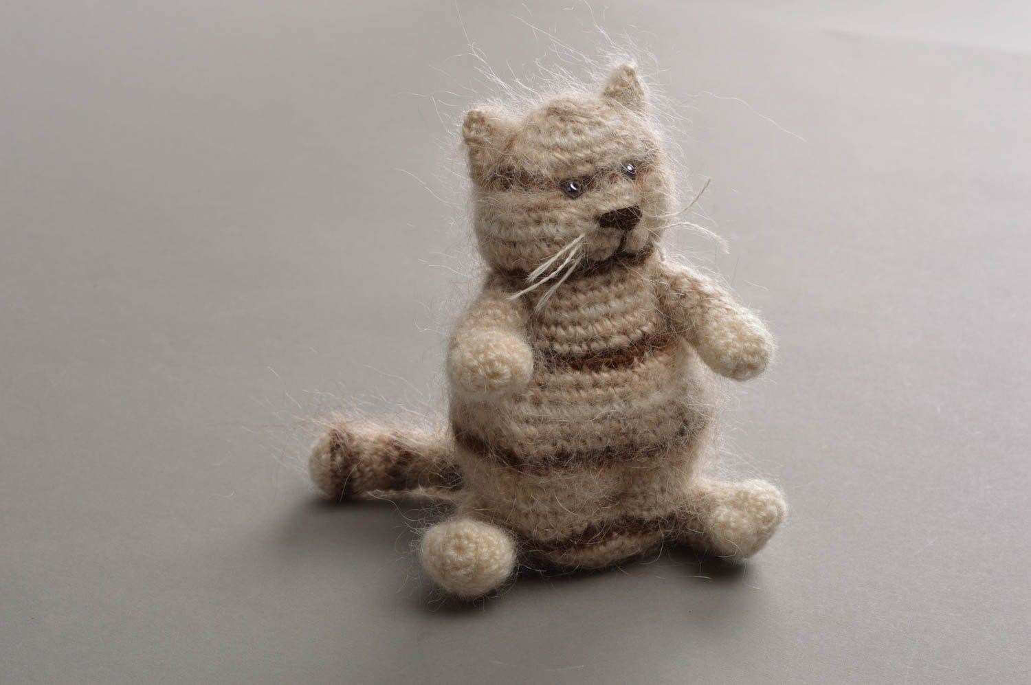 Small handmade beautiful gray soft toy cat crocheted of mohair threads photo 2