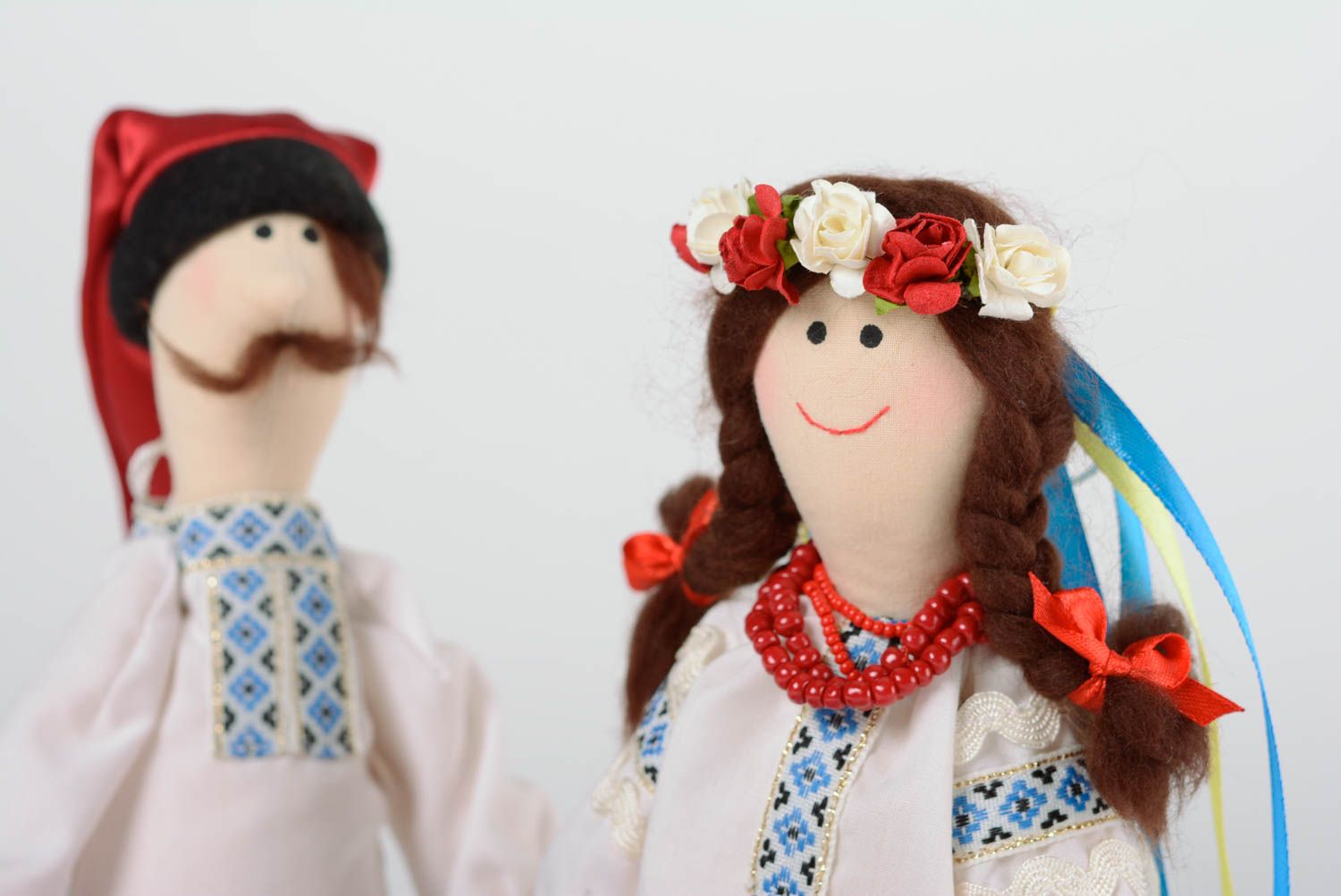 Set of 2 handmade designer soft dolls man and woman in ethnic Ukrainian costumes photo 3