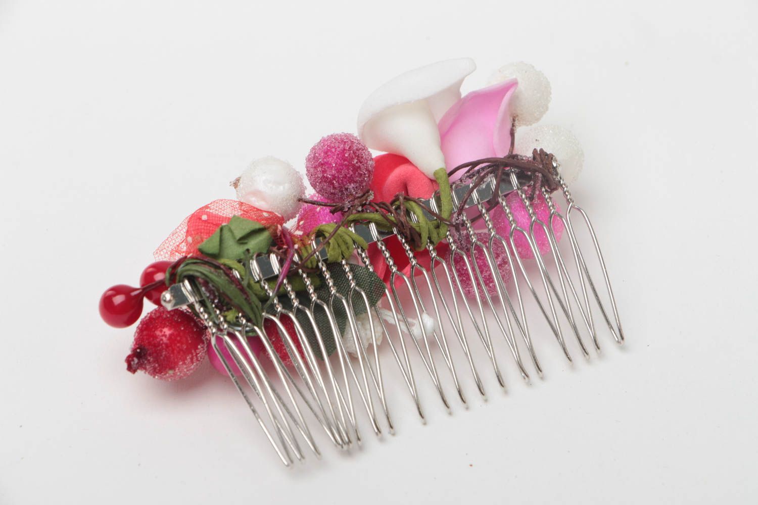 Handmade decorative metal hair comb with artificial berries and flowers photo 4