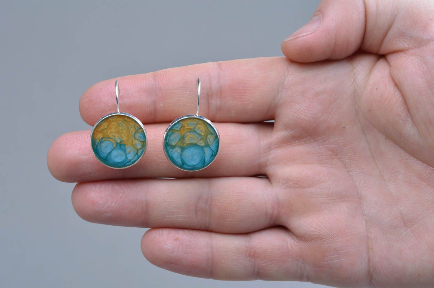 Handmade round earrings with epoxy resin stylish decorative accessory for girls photo 4