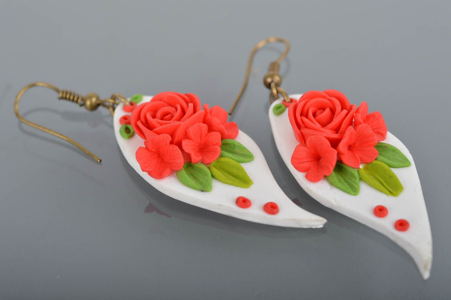 Long red-white handmade polymer clay earrings for stylish ladies photo 5