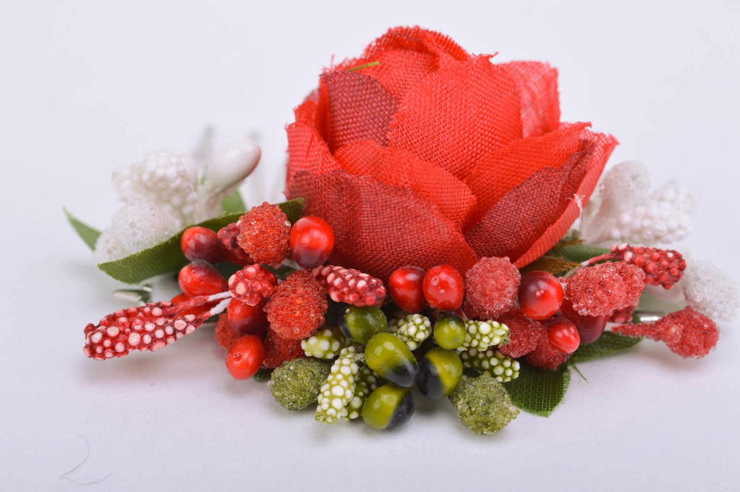 Handmade decorative metal hair comb with artificial flowers Red Rose photo 5