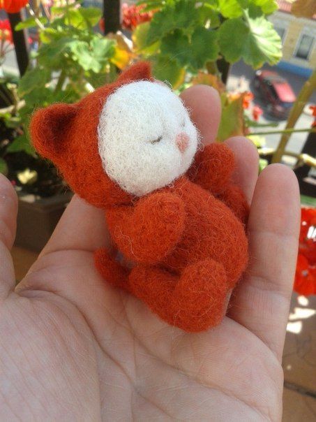 Lovely handmade felted wool toy Sleeping brown Cat photo 1