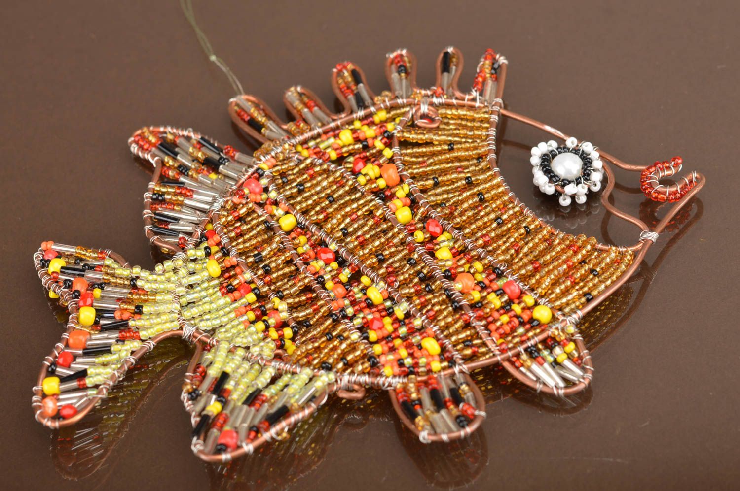Handmade designer cute bright decorative pendant fish made of Czech beads photo 2