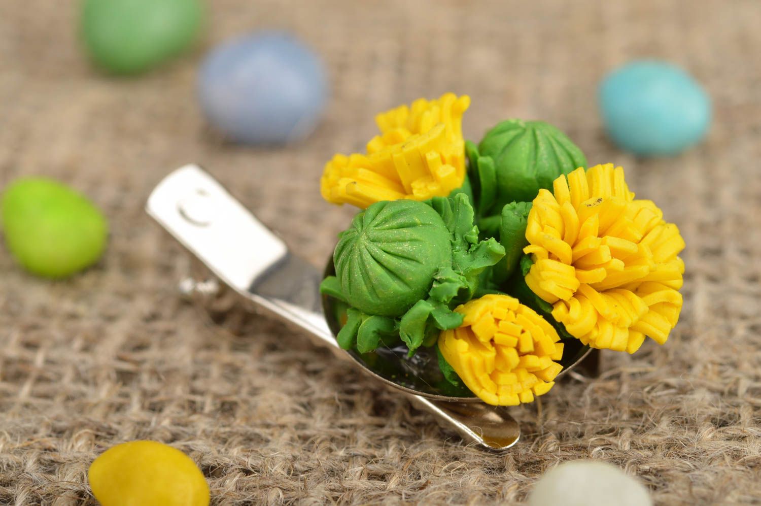 Handmade brooch-hair clip made of polymer clay in form of dandelions photo 1