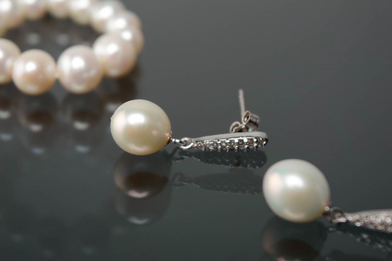 Silver earrings with pearl and zirconium photo 1