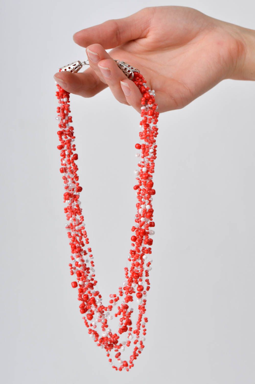 Handmade beaded necklace airy necklace white beaded necklace red necklace  photo 2