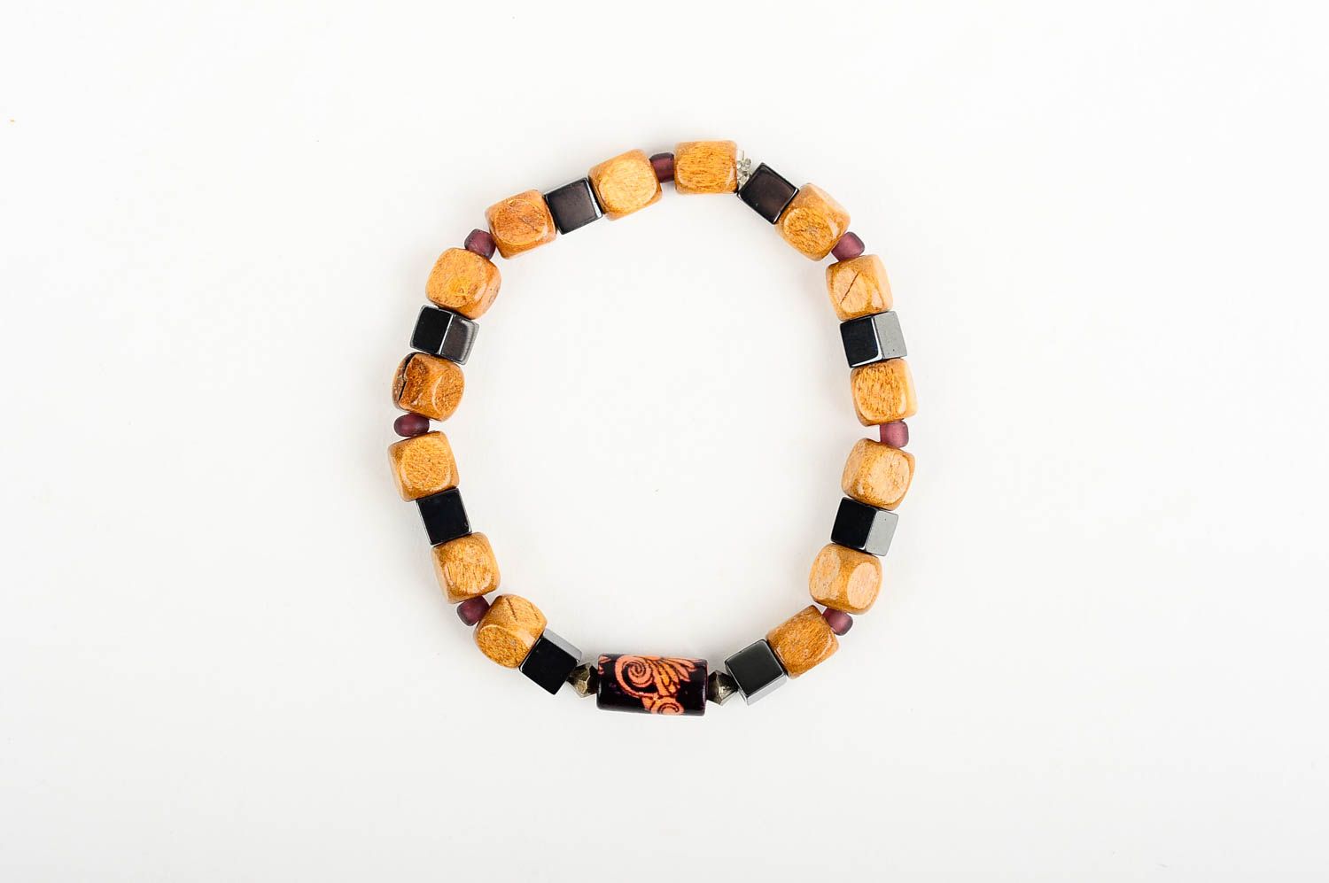 Bright black and brown handmade wooden beaded bracelet on elastic cord for women photo 1