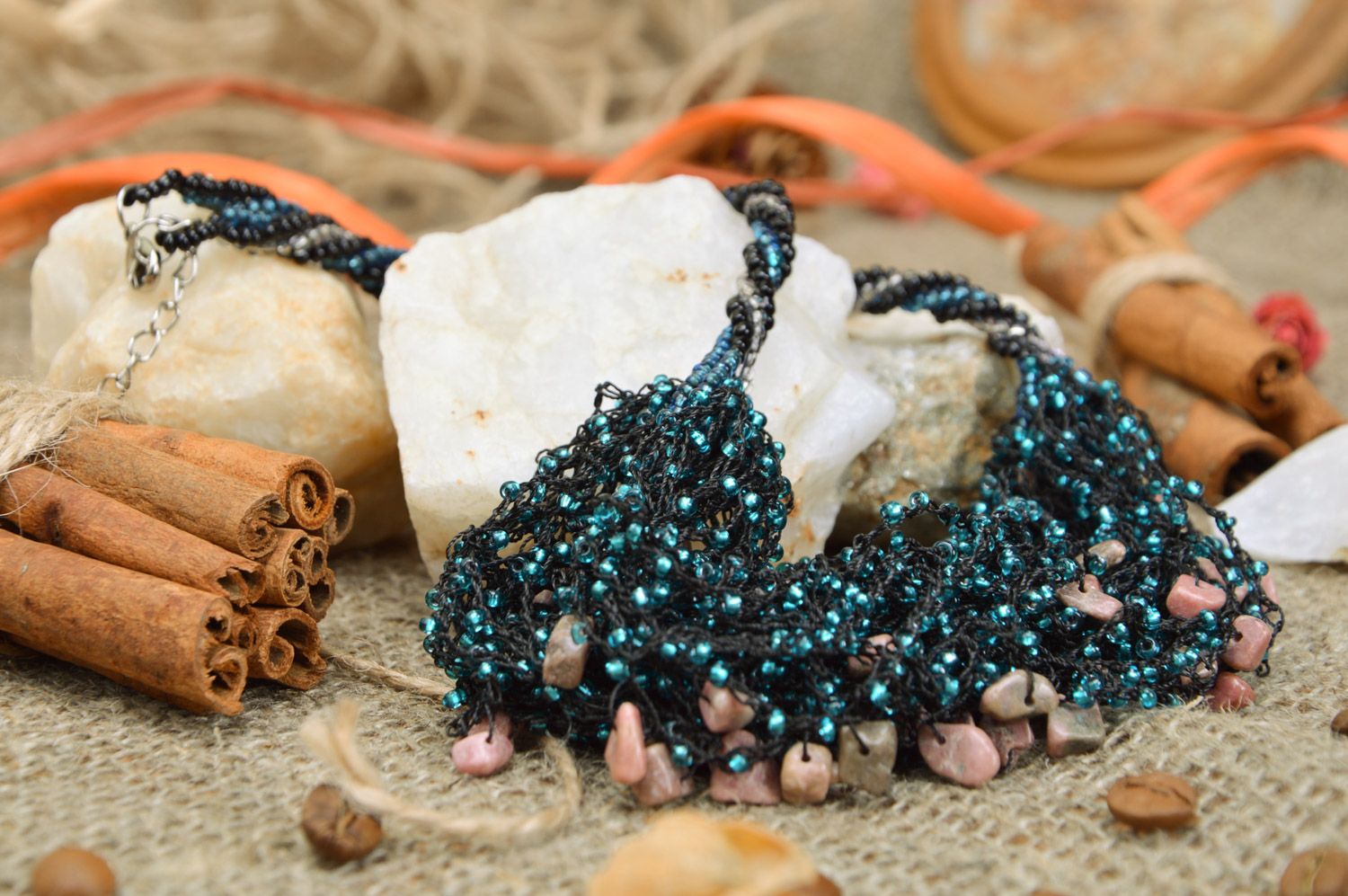 Handmade airy volume necklace woven of Czech beads and corals in dark colors photo 3