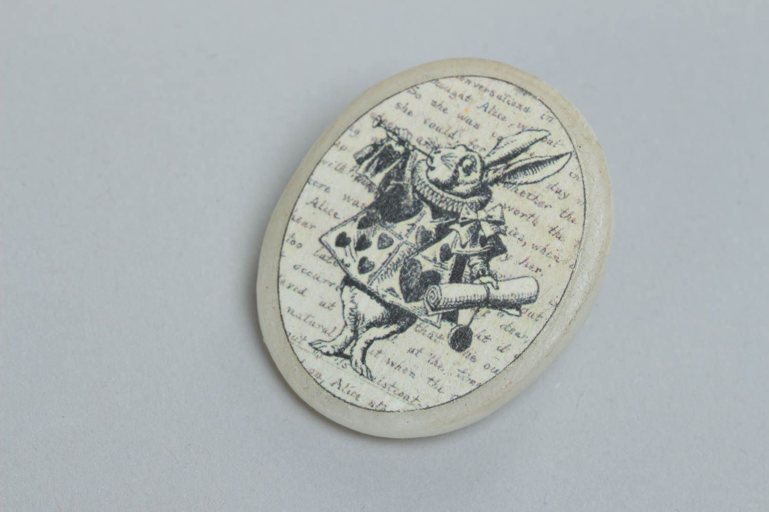 Handmade decorative oval brooch made of polymer clay with print Hare photo 2