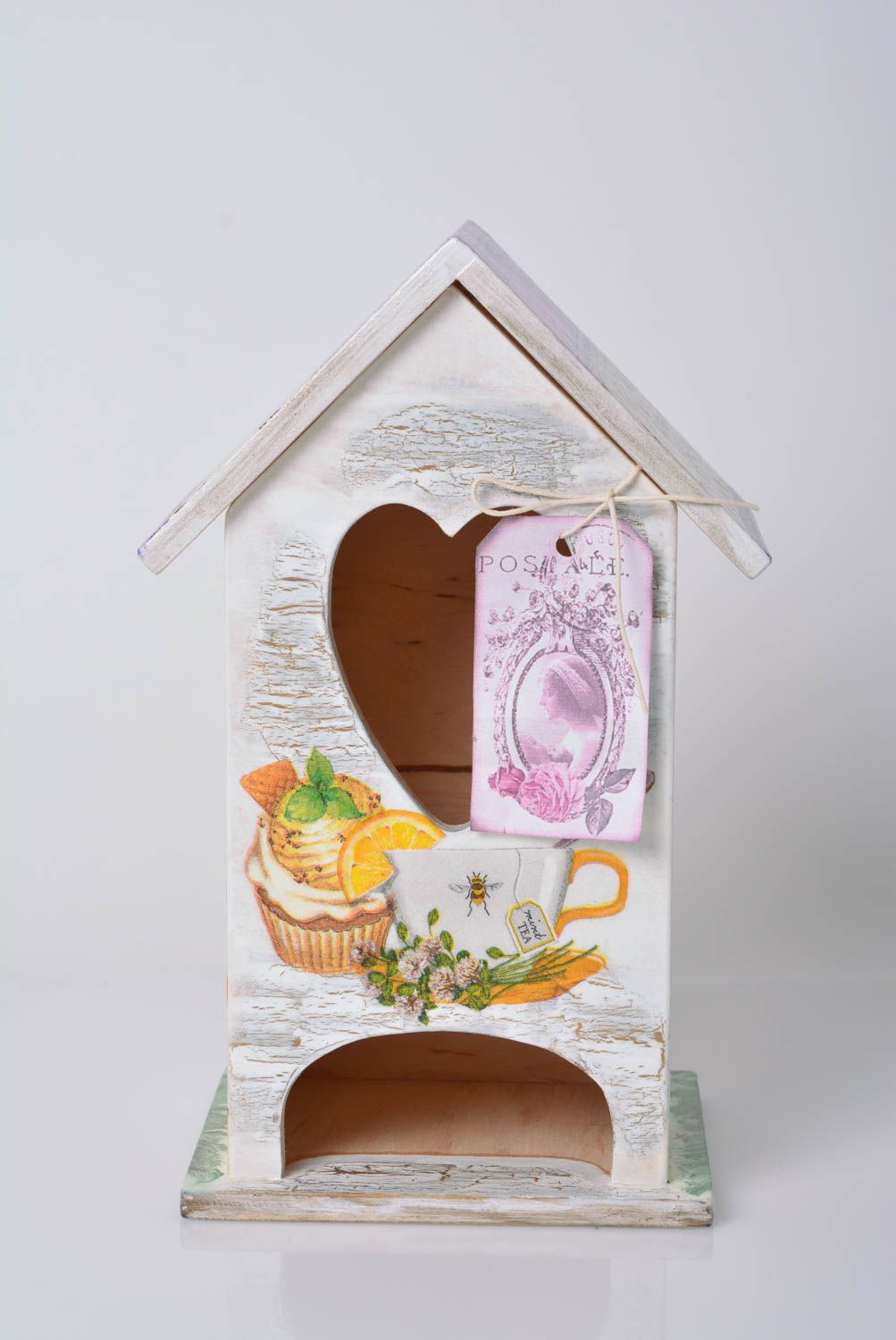 Beautiful small light colored handmade decoupage wooden tea bag box House photo 5